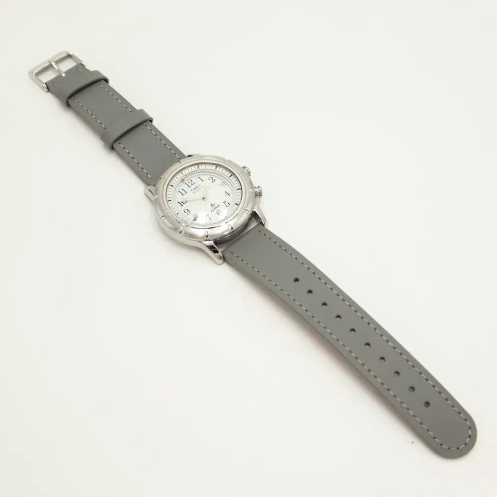 Timex Shenmue Alarm Silver Tone 39mm Watch Indiglo Gray Leather w New Battery